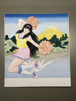 Rule 34 | 1girl, architecture, arm up, asaoka natsumi, black hair, blue sky, breasts, brown eyes, cheerleader, commentary request, east asian architecture, full body, hairband, highres, house, jumping, koshu misaka suimen, lake, large breasts, long hair, looking at viewer, miniskirt, miura mitsuru, mount fuji, official artist extra, open mouth, pink hairband, pink shoes, pink skirt, pleated skirt, pom pom (cheerleading), reflection, reflective liquid, shirt, shoes, shore, short sleeves, skirt, sky, smile, sneakers, socks, solo, teeth, the kabocha wine, thighs, traditional media, tree, upper teeth only, v-neck, very long hair, white socks, yellow shirt