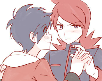 2boys blue_eyes blue_hair blush chueog closed_mouth ethan_(pokemon) eyes_visible_through_hair holding_hands hood hood_down hooded_jacket jacket long_hair looking_at_another looking_to_the_side male_focus multiple_boys nintendo pokemon pokemon_hgss purple_eyes purple_jacket red_hair red_jacket silver_(pokemon) simple_background white_background yaoi