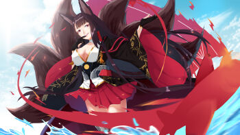 Rule 34 | 1girl, absurdres, akagi (azur lane), animal ears, azur lane, black kimono, breasts, brown hair, brown tail, chinese commentary, cleavage, commentary request, cowboy shot, day, dutch angle, eyeliner, finger to mouth, flight deck, fox ears, fox girl, fox tail, gloves, gold trim, hanyu yuki, highres, japanese clothes, kimono, kitsune, kyuubi, large breasts, long sleeves, looking at viewer, makeup, metal belt, miniskirt, multiple tails, ocean, outdoors, partially fingerless gloves, pleated skirt, red eyeliner, red eyes, red skirt, skirt, smile, solo, tail, water, wide sleeves