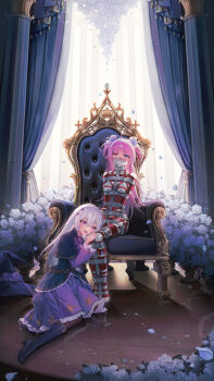 Rule 34 | 2girls, :3, ahoge, artist request, belt, black capelet, blue eyes, boots, bound, capelet, chain, chain leash, chair, check artist, collar, commission, dress, flower, gag, grey hair, hair flower, hair ornament, hat, heterochromia, high heel boots, high heels, highres, improvised gag, leaning on person, leash, leno^a^, long hair, metal collar, multiple girls, mummification (bound), on chair, original, pink hair, plant, pointy ears, potted plant, purple dress, purple eyes, red eyes, reflection, rose, second-party source, tape, tape bondage, tape gag, unworn headwear, variant set, white flower, white rose, witch hat