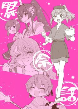 character_request cherry_blossoms commentary_request drooling eating fireworks food hina-uta holding holding_spoon kantai_collection monochrome mouth_drool pink_background pola_(kancolle) ponytail running sado_(kancolle) saliva shrimp shrimp_tempura spoon tempura yamato_(kancolle) yukikaze_(kancolle) yuubari_(kancolle)