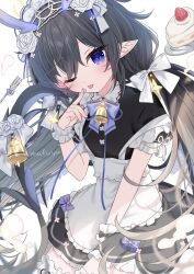 Rule 34 | ;o, apron, bell, between legs, black bow, black dress, black hair, blue bow, blue eyes, blush, bow, cake, cake slice, collared dress, commentary, commission, dress, facial mark, flower, food, food on hand, fork, frilled dress, frills, fruit, hair between eyes, hand between legs, hand up, highres, horns, long hair, looking at viewer, low twintails, mafuyu (chibi21), maid, one eye closed, original, pointy ears, puffy short sleeves, puffy sleeves, rose, short sleeves, simple background, skeb commission, strawberry, twintails, very long hair, white apron, white background, white flower, white rose, wrist cuffs