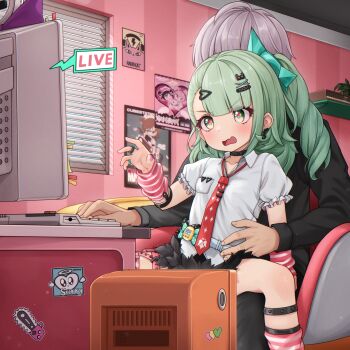 Rule 34 | 1boy, 1girl, arm warmers, black choker, black pants, black shirt, black skirt, breasts, choker, collarbone, collared shirt, commentary, comodox, computer, green eyes, green hair, grey hair, hair ornament, hairclip, heart, heart hair ornament, hetero, highres, indoors, leg warmers, livestream, long hair, long sleeves, miniskirt, nail polish, necktie, one side up, open mouth, pants, pink arm warmers, pink leg warmers, pink nails, poster (object), red necktie, shirt, short hair, short sleeves, sitting, sitting on lap, sitting on person, skirt, small breasts, spread legs, striped arm warmers, striped leg warmers, sunna (zenless zone zero), variant set, wavy mouth, white shirt, wise (zenless zone zero), zenless zone zero