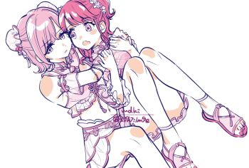 Rule 34 | 2girls, bare legs, bare shoulders, commentary request, double bun, dutch angle, fangs, flower, fukumaru koito, hair bun, highres, higuchi madoka, hug, hug from behind, idolmaster, idolmaster shiny colors, knees up, limited palette, long hair, medium hair, miniskirt, mole, mole under eye, monochrome, multiple girls, nail polish, navel, open mouth, pink eyes, red hair, red nails, s0h7i1m9e, sandals, sitting, skin fangs, skirt, stomach, swept bangs, toenail polish, toenails, two side up, white background