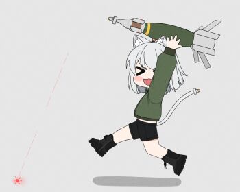 &gt;_&lt; 1girl aerial_bomb animal_ear_fluff arms_up atamonica black_footwear black_shorts bomb cat_girl check_weapon closed_eyes explosive fang gbu-12_paveway_ii general-purpose_bomb green_shirt grey_background grey_hair guided_bomb holding holding_bomb laser-guided_bomb laser_pointer looking_to_the_side open_mouth original precision-guided_munition running shadow shirt shorts simple_background solo tail weapon_request