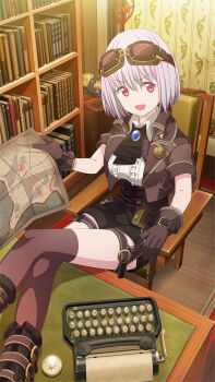 1girl :d ascot belt black_ascot black_belt black_shorts book bookshelf breasts brown_gloves brown_jacket brown_thighhighs center_frills chair collared_shirt compass corset cropped_jacket feet_out_of_frame frilled_shirt frills game_cg gloves goggles goggles_on_head gridman_universe gun highres holding holding_map holster holstered indoors jacket large_breasts map official_art on_chair open_clothes open_jacket open_mouth pink_hair red_eyes shinjou_akane shirt short_hair short_sleeves shorts sitting smile solo ssss.gridman steampunk thigh_holster thighhighs third-party_source typewriter v-shaped_eyebrows weapon white_shirt