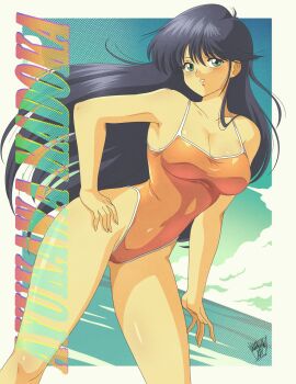1girl ayukawa_madoka black_hair breasts character_name cleavage cloud danmakuman green_eyes hand_on_own_hip highres kimagure_orange_road large_breasts long_hair looking_at_viewer ocean one-piece_swimsuit orange_one-piece_swimsuit screentones signature smile swimsuit