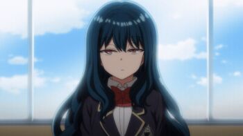 1girl 2022 20s animated animated_gif blinking blue_hair bow breasts bunnywalker classroom cloud cloudy_sky collar expressionless long_hair looking_at_viewer nozaki_yuu petite pink_eyes red_bow saimin_seishidou school school_uniform shirt sky small_breasts solo t-rex_(animation_studio) tagme very_long_hair white_collar white_shirt window