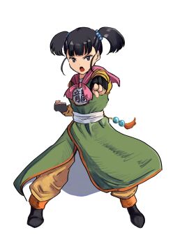 Rule 34 | 1girl, :o, black eyes, black hair, clenched hand, commentary request, dragon quest, dragon quest iii, full body, highres, martial artist (dq3), open mouth, outstretched arm, short twintails, simple background, solo, standing, tikuwabu 33, twintails, white background