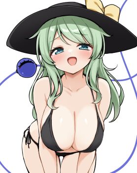 1girl bent_over bikini black_bikini black_hat blush bow breasts cleavage collarbone commentary_request green_hair hat hat_bow highres komeiji_koishi large_breasts long_hair open_mouth side-tie_bikini_bottom sidelocks simple_background solo suwa_yasai swimsuit third_eye touhou white_background