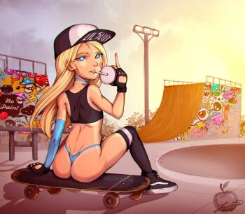 1girl algozhell_(lucas_mist) annoyed arm_at_side artist_logo artist_name ass asymmetrical_legwear back ball bandaid bandaid_on_face baseball_cap bikini black_gloves black_shirt black_shoes black_thighhighs blonde_hair blue_bikini blue_sleeves borrowed_character crop_top detached_sleeves drink eyebrows eyelashes fingerless_gloves foot_out_of_frame from_behind gloves hand_up hat highleg highleg_bikini highres holding knees_up kusogaki lily_(lilandy) logo loli long_hair looking_at_viewer looking_back middle_finger midriff multicolored_shoes original outdoors shirt shoes signature sitting skate_park skateboard sky sleeveless sleeveless_shirt sneakers solo spread_legs sunset swimsuit thighhighs thong thong_bikini two-tone_shoes white_shoes