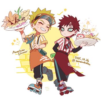 2boys apron aqua_eyes arm_behind_back black_pants black_shirt blonde_hair bottle brick_wall closed_eyes collared_shirt dated facial_mark fireworks full_body gaara_(naruto) grin highres holding holding_bottle holding_plate hotsandcoffee kitsune kyuubi looking_at_another male_focus multiple_boys multiple_tails naruto_(series) necktie no_eyebrows orange_apron pants plate red_apron red_eyes roller_skates scar scar_on_face shirt shirt_under_shirt short_hair skates smile sparkler spiked_hair striped_clothes striped_necktie striped_shirt tail teeth twitter_username uzumaki_naruto visor_cap waist_apron whisker_markings