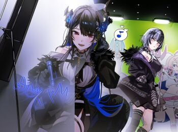 2girls :d asymmetrical_horns asymmetrical_legwear black_bow black_bowtie black_coat black_dress black_gloves black_hair black_jacket black_skirt black_socks black_thighhighs black_wings blue_hair bow bowtie breasts clothing_cutout coat collared_shirt colored_inner_hair commentary dress dress_shirt feather-trimmed_jacket feathered_wings flower flower_knot fur-trimmed_coat fur_trim gloves grey_hair hair_ornament hand_up highres hololive hololive_english horn_flower horns indoors jacket kneehighs large_breasts long_hair long_sleeves looking_at_another low_wings miniskirt mococo_abyssgard mococo_abyssgard_(1st_costume) mole mole_under_eye multicolored_hair multiple_girls musical_note nerissa_ravencroft nerissa_ravencroft_(1st_costume) open_mouth pencil_skirt red_eyes ribbed_shirt shiori_novella shiori_novella_(1st_costume) shirt shoulder_cutout side_slit sidelocks single_kneehigh single_sock skirt sleeveless sleeveless_dress slit_pupils smile socks split-color_hair spoken_musical_note swept_bangs symbol-only_commentary tassel tassel_hair_ornament thighhighs uneven_horns uneven_legwear very_long_hair virtual_youtuber white_shirt wings writing yellow_eyes yomosaka