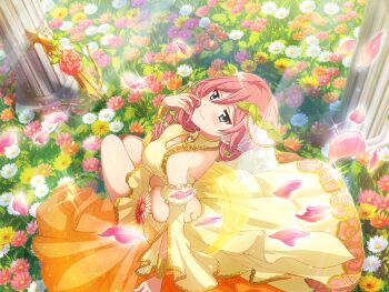 1girl aqua_eyes back bow_(weapon) breasts cleavage closed_mouth crossbow detached_sleeves dress field flower flower_field from_above game_cg long_hair looking_at_viewer medium_breasts official_art pink_hair shoujo_kageki_revue_starlight shoujo_kageki_revue_starlight_-re_live- sitting smile solo tsuruhime_yachiyo upper_body veil weapon yellow_dress yellow_sleeves