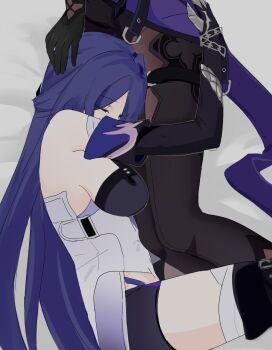 Rule 34 | 1yym, 2girls, acheron (honkai: star rail), bandages, black swan (honkai: star rail), breasts, buckle, chain, closed eyes, clothing cutout, detached sleeves, gloves, highres, honkai: star rail, honkai (series), hugging another's leg, long hair, lying, multiple girls, pantyhose, purple hair, shorts, sideboob, sleeping, strap, tailcoat, thighs, very long hair, yuri
