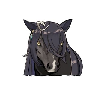 ahoge animal_ears black_hair borrowed_hairstyle commentary ear_tag earrings english_commentary hair_between_eyes horse horse_ears jewelry lili_(lilistration) long_bangs long_hair long_hair_between_eyes looking_at_viewer manhattan_cafe_(racehorse) manhattan_cafe_(umamusume) multicolored_hair real_life recursive_animalization simple_background single_earring umamusume very_long_hair white_hair yellow_eyes