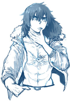 Rule 34 | 1boy, fur trim, hand in pocket, iwakiyamayukisatoshironanogojuurokushi yui, jacket, kemono jihen, male focus, medium hair, monochrome, navel, open clothes, open jacket, pectorals, radi0 0x, solo, toned, toned male, upper body, white background