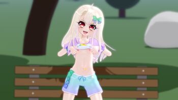 1girl 3d ahoge asymmetrical_hair blonde_hair breasts clothes_lift collarbone condom condom_packet_strip condom_wrapper fate/kaleid_liner_prisma_illya fate_(series) female_focus flat_chest grin gs-mantis hair_bobbles hair_ornament highres illyasviel_von_einzbern lifting_own_clothes loli looking_at_viewer navel nipples no_bra open_mouth red_eyes shirt shirt_lift smile standing