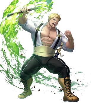 1boy abs attack axe blonde_hair fire fire_emblem fire_emblem:_three_houses fire_emblem_heroes flaming_weapon garreg_mach_monastery_uniform giant green_fire highres holding holding_axe muscular muscular_male nintendo non-web_source official_art open_clothes open_mouth open_shirt raphael_kirsten solo v-shaped_eyebrows weapon yellow_eyes