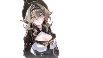 1girl black_hairband breasts brown_corset brown_hair brown_shrug chinese_commentary cleavage commentary_request corset grey_eyes hair_intakes hairband hat highres honkai_(series) honkai_impact_3rd large_breasts looking_at_viewer medium_hair procreate_(medium) seawave02974 shrug_(clothing) simple_background smile solo top_hat upper_body vill-v white_background