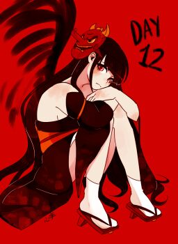 1girl alternate_costume alternate_hairstyle bare_shoulders black_kimono closed_mouth danganronpa_(series) danganronpa_v3:_killing_harmony english_text eyelashes full_body geta hair_down harukawa_maki head_rest japanese_clothes kimono kokomi_(aniesuakkaman) long_hair looking_at_viewer mask mask_on_head red_background red_eyes simple_background sitting socks solo tengu_mask third-party_source very_long_hair white_socks