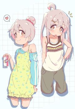 1girl :o ahoge alternate_costume bare_arms bare_shoulders brown_eyes can casual child collarbone commentary cropped_legs dress drink_can grid_background hair_between_eyes hair_bun hair_ornament hair_scrunchie hand_on_own_hip heart highres holding holding_can light_blush long_hair long_sleeves looking_at_viewer multiple_views nazonaji notice_lines onii-chan_wa_oshimai! open_mouth oyama_mahiro pants pink_hair red_scrunchie scrunchie simple_background single_bare_shoulder single_off_shoulder smile spoken_heart tank_top twintails white_background x_hair_ornament