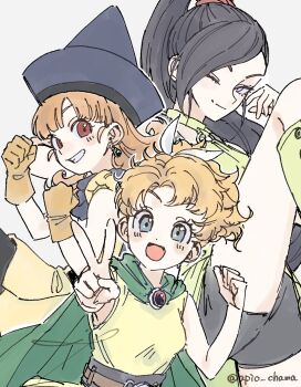 Rule 34 | 3girls, alena (dq4), apio chama, black hair, black pantyhose, black shorts, blonde hair, blue eyes, blue hat, blush, breasts, brown eyes, clenched hand, cloak, closed mouth, commentary request, dragon quest, dragon quest ii, dragon quest iv, dragon quest xi, dress, earrings, gloves, green cloak, grey background, grin, hair ribbon, hair tie, hat, highres, jewelry, long hair, martina (dq11), medium breasts, multiple girls, o-ring, o-ring top, one eye closed, open mouth, orange gloves, pantyhose, parted lips, princess of samantoria, ribbon, shorts, smile, swept bangs, teeth, twitter username, upper body, v, white ribbon, yellow dress