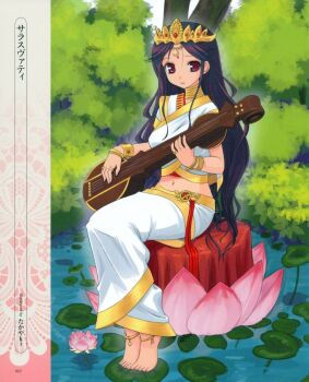 1girl anklet barefoot bindi black_hair bracelet feet female_focus flower hindu_mythology hinduism indian instrument jewelry lotus moe_moe_megami_jiten pond red_eyes ring saraswati sitar solo takayaki tiara