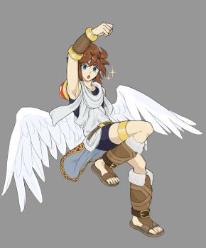 1boy angel angel_wings arm_up bike_shorts blue_eyes full_body gold_thighlet grey_background highres kid_icarus kid_icarus_uprising laurel_crown male_focus moonie_(mbeams3) nintendo open_mouth pit_(kid_icarus) simple_background solo sparkle thighlet wings