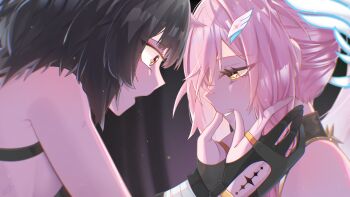 Rule 34 | 2girls, adoptive parent and adoptive child, aemeath (wuthering waves), bare shoulders, black gloves, black hair, commentary request, female rover (wuthering waves), from side, gloves, hair ornament, half-closed eye, highres, looking at another, mother and daughter, multiple girls, orange eyes, parted lips, partially fingerless gloves, pink hair, rover (wuthering waves), star-shaped pupils, star (symbol), starblame, symbol-shaped pupils, tacet mark (wuthering waves), vegetative state, wuthering waves, yellow eyes