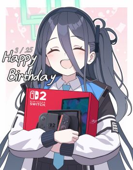 Rule 34 | 1girl, absurdres, aris (blue archive), black hair, black hairband, black skirt, blue archive, blue hair, blue necktie, blush, box, closed eyes, hair between eyes, hairband, highres, holding, holding box, jacket, long hair, necktie, nintendo switch, one side up, open mouth, shirt, sidelocks, skirt, teeth, upper teeth only, vector (dmlddmld00), white jacket, white shirt