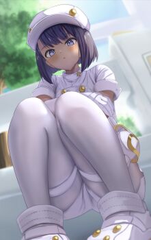1girl a_(naccyo43) absurdres aether_foundation_employee aether_foundation_employee_(female) aether_foundation_uniform black_hair blush buttons commentary fence gloves hat highres looking_down nintendo overall_shorts overalls pantyhose parted_lips pigeon-toed pokemon pokemon_sm shoes short_hair solo squatting tree white_gloves white_hat white_pantyhose white_shoes