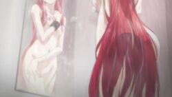 1boy 1girl animated dakara_boku_wa_h_ga_dekinai dog grey_hair kaga_ryousuke kicking lisara_restall long_hair petting red_eyes red_hair showering sound stomping tagme video