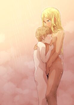 1boy 1girl absurdres age_difference aqua_eyes blonde_hair breast_sucking breasts charybdo completely_nude convenient_censoring cowboy_shot dark-skinned_female dark_skin faceless faceless_male gradient_background highres huge_filesize idolmaster idolmaster_cinderella_girls kissing_hair layla_(idolmaster) masturbation mixed-sex_bathing nude onee-shota shared_bathing shiny_skin shota showering size_difference small_breasts solo_focus steam tagme tan teenage_girl_and_younger_boy tomawarinosuizou