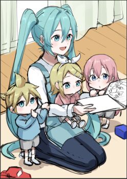 1boy 3girls aged_down aqua_eyes aqua_hair aqua_sweater black_pants blonde_hair blue_eyes commentary_request grey_shorts hair_between_eyes hair_intakes hatsune_miku holding_another's_arm indoors kagamine_len kagamine_rin kneeling megurine_luka multiple_girls pants pink_hair reading reading_together shirt shorts sidelocks sitting sitting_on_lap sitting_on_person smile sweater tatyaoekaki teacher toddler toy_car twintails vocaloid white_shirt