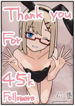 1girl animal_ear_hairband animal_ears artist_name bare_legs bare_shoulders black_hairband black_leotard blonde_hair blue_eyes border collarbone commentary_request english_text fake_animal_ears flat_chest from_above fuyudori_yukino glasses grin hair_between_eyes hair_ornament hairband hairclip hands_up highres kneeling leotard long_hair looking_at_viewer milestone_celebration one_eye_closed open_hands original oversized_clothes playboy_bunny rabbit_ears red-framed_eyewear semi-rimless_eyewear sketch_background smile solo teeth twitter_username under-rim_eyewear