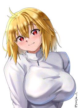 Rule 34 | 1girl, absurdres, ahoge, arcueid brunestud, arms behind back, blonde hair, blush, breasts, commentary request, hair intakes, head tilt, highres, huge breasts, jewelry, looking at viewer, necklace, red eyes, sidelocks, smile, solo, sweater, tsukihime, tsukihime (remake), turtleneck, turtleneck sweater, upper body, white background, white sweater, yujin (kanouyuuto-0423)