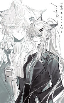 1girl absurdres alternate_costume animal_ears arknights blazer character_name commentary cup dated disposable_cup hair_between_eyes hand_up highres holding holding_cup id_card jacket lanyard lappland_(arknights) long_hair long_sleeves looking_at_viewer monochrome multiple_views nail_polish scar scar_across_eye scar_on_face shenqihuax smile sweater symbol-only_commentary turtleneck turtleneck_sweater upper_body white_background wolf_ears wolf_girl