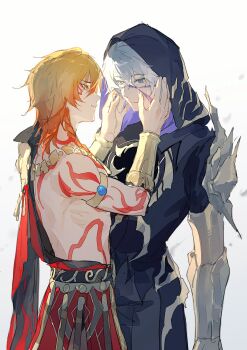 2boys absurdres arm_tattoo armlet black_cloak black_coat blonde_hair blue_eyes braid chest_tattoo chinese_commentary cloak coat commentary_request earrings facial_tattoo flame_reaver_of_the_deepest_dark gold_earrings gold_necklace gradient_hair highres honkai:_star_rail honkai_(series) hood hood_up hooded_cloak jewelry male_focus medium_hair multicolored_hair multiple_boys mydei_(honkai:_star_rail) necklace open_clothes open_coat parted_bangs phainon_(honkai:_star_rail) red_hair red_tattoo scar scar_on_face short_hair side_braid tattoo tears vambraces white_hair yaoi yellow_eyes yinbai