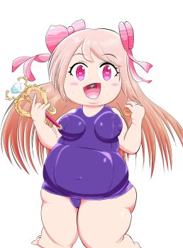 1girl absurdres barefoot blonde_hair breasts chaos_marie_(grimms_notes) covered_erect_nipples croissant fat fat_woman food grimms_notes hands_up heyagomoridebu highres holding holding_food holding_wand looking_at_viewer medium_breasts old_school_swimsuit open_mouth school_swimsuit simple_background smile solo swimsuit wand weight_gain white_background