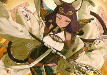 Rule 34 | 1girl, :o, absurdres, animal ears, arknights, armpits, brown hair, brown skirt, cat ears, cat girl, cat tail, caution tape, coat, commentary, cowboy shot, dark-skinned female, dark skin, english commentary, goggles, goggles on head, highres, holding, holding staff, keep out, looking at viewer, shirt, short twintails, skindentation, skirt, sleeveless, sleeveless shirt, slit pupils, solo, sparkle, staff, tail, thigh strap, titi (arknights), twintails, watermark, white coat, white shirt, yellow eyes, yun-yang