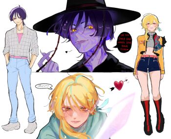 1boy 1girl alternate_eye_color alternate_hairstyle alternate_species anya_lolz aqua_hair aqua_hoodie arrow_through_heart belt black_boots black_hanbok black_hat black_shorts blonde_hair blue_feathers blue_pants blunt_ends boots brown_eyes character_name choppy_bangs closed_mouth collar colored_skin cosplay cropped_jacket cropped_shirt crossover denim detached_sleeves earrings english_text fang feather_earrings feathers fingernails gat_(hat) genshin_impact glint grey_collar grey_shirt grey_shoes hair_behind_ear hair_between_eyes hanbok hands_in_pockets hat heart highres hood hoodie jacket jeans jewelry jinu_(kpop_demon_hunters) jinu_(kpop_demon_hunters)_(cosplay) knee_boots korean_clothes kpop_demon_hunters long_sleeves looking_at_viewer lumine_(genshin_impact) midriff multicolored_hair necklace open_clothes open_jacket pants pink_belt pink_sword purple_eyes purple_hair purple_lips purple_skin red_lips ribbed_collar rumi_(kpop_demon_hunters) rumi_(kpop_demon_hunters)_(cosplay) scaramouche_(genshin_impact) sharp_fingernails shirt shoes short_hair short_hair_with_long_locks short_shorts shorts sidelocks single_sidelock smile speech_bubble split_screen streaked_hair striped_clothes striped_shirt sweatdrop tassel tsurime twitter_username undershirt white_background yellow_eyes yellow_jacket yellow_sleeves