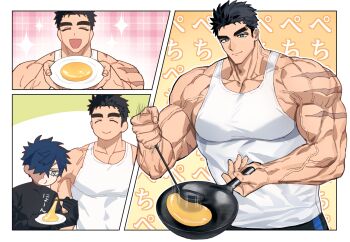 Rule 34 | 2boys, bara, black gloves, black hair, black shirt, blue eyes, bodybuilder, burn scar, chopsticks, cooking, domo (domo kizusuki), feeding, frying pan, gloves, grey eyes, hair over one eye, holding, holding frying pan, holding plate, holding spatula, incoming food, kokado shido (domo), kokuryu kai (domo), large pectorals, male focus, manly, multiple boys, multiple views, muscular, muscular arms, muscular male, original, pectoral cleavage, pectorals, plate, scar, scar across eye, scar on arm, scar on face, shirt, short hair, shredded muscles, sideburns, smile, spatula, spiked hair, tank top, tareme, v-taper, veins, veiny arms, white tank top
