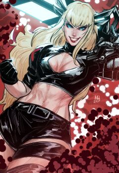 1girl absurdres black_gloves black_shorts blonde_hair blue_eyes blurq1312 breasts cleavage clenched_hand commentary english_commentary gloves grin highres holding holding_sword holding_weapon long_hair magik_(x-men) marvel medium_breasts new_mutants shorts smile solo sword weapon x-men