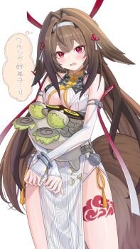 1girl animal_ears bad_link bangboo_(zenless_zone_zero) bare_shoulders blush breast_press breasts brown_hair china_dress chinese_clothes dress elbow_gloves gloves hair_ornament large_breasts long_hair red_eyes simple_background speech_bubble tsukimi_yaya underboob ye_shunguang zenless_zone_zero