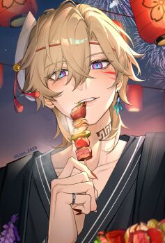 1boy absurdres aqua_eyes aventurine_(honkai:_star_rail) black_kimono blonde_hair earrings facial_mark food hair_between_eyes highres holding holding_food honkai:_star_rail honkai_(series) japanese_clothes jewelry kimono lion_2929 male_focus mask mask_on_head multicolored_eyes neck_tattoo pink_eyes short_hair single_earring smile solo tattoo