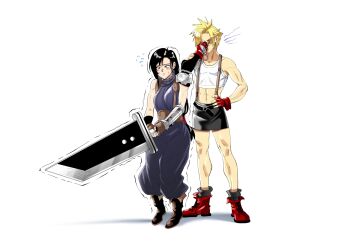 1boy 1girl aarokira armor baggy_pants black_hair blonde_hair boots brown_boots buster_sword cloud_strife cosplay costume_switch couple crossdressing facepalm final_fantasy final_fantasy_vii flying_sweatdrops hetero highres pants red_boots shoulder_armor skirt soldier_uniform suspender_skirt suspenders sweat tank_top tifa_lockhart trembling