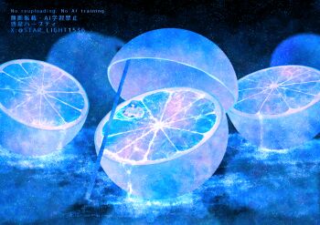 1girl blue_theme commentary_request food fruit highres innertube monochrome orange_(fruit) original solo surreal swim_ring swimming twitter_username wakusei_habuti wide_shot