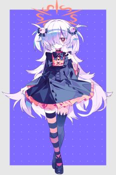 1girl absurdres asymmetrical_legwear black_bow black_bowtie black_dress black_shoes black_skirt black_thighhighs blue_archive bow bowtie dress expressionless full_body hair_ornament hair_over_one_eye halo highres jirai_kei kanoe_(blue_archive) long_hair long_sleeves looking_at_viewer meto_(metrin) mismatched_legwear orange_halo purple_background shoes simple_background skirt skirt_hold solo striped_clothes striped_thighhighs thighhighs very_long_hair yellow_eyes