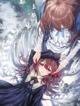 2girls absurdres black_bow black_bowtie black_dress blue_bow blue_bowtie blue_ribbon bow bowtie broken_heart broken_heart_hair_ornament brown_hair commentary dress english_commentary evil_neuro-sama flower from_above from_side hair_between_eyes hair_ornament hair_ribbon heart heart_hair_ornament highres lap_pillow long_hair long_sleeves looking_at_viewer looking_down lying multiple_girls neuro-sama on_back parted_lips rain red_eyes red_ribbon ribbon ripples siblings sitting skull tanhuluu twins two_side_up vedal_ai virtual_youtuber water white_dress white_flower